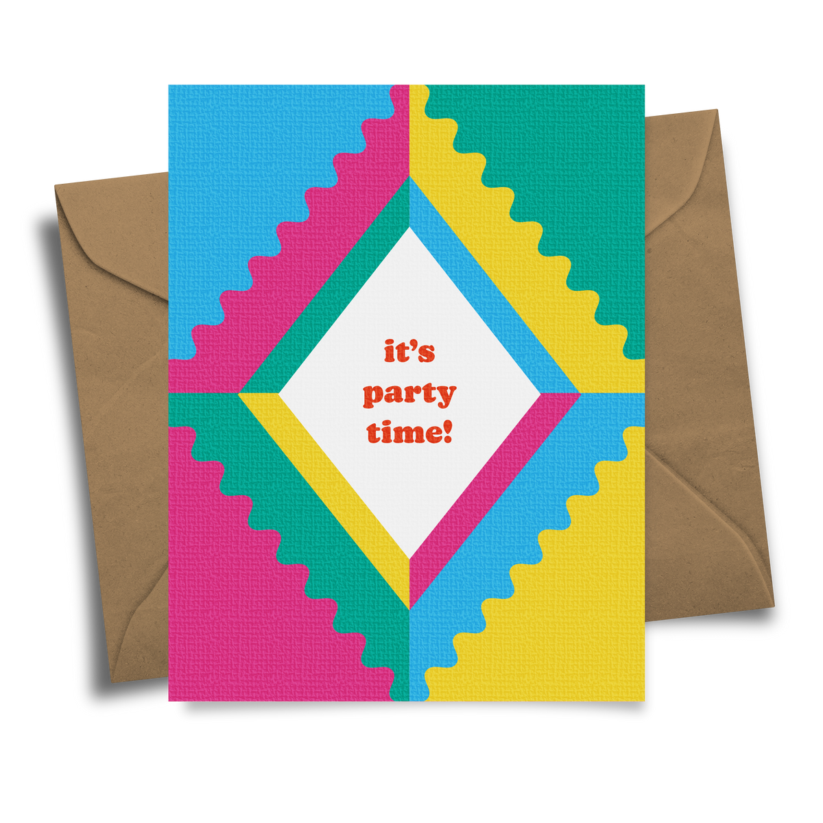 Colorful geometric patterned card with &#39;it&#39;s party time!&#39; text on top of a brown envelope